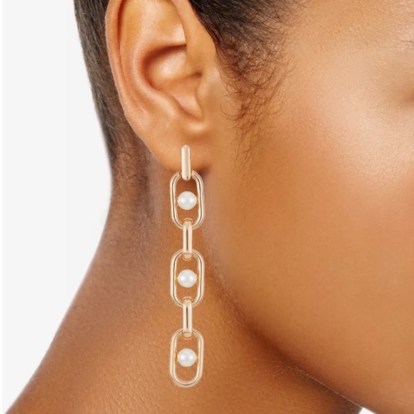 Rose Gold link and pearl studded dangling earrings - Picture 2 of 2